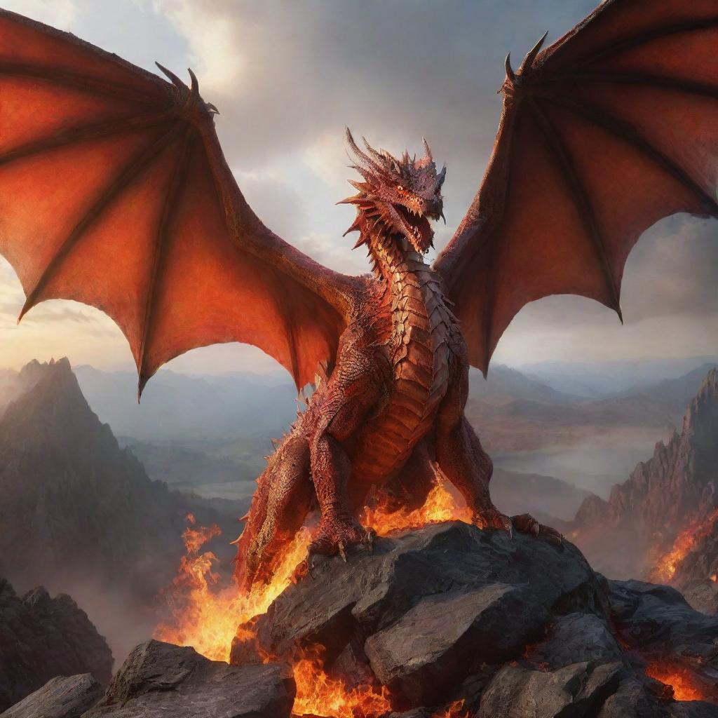 A powerful fire dragon with sharp scales, immense wings and fiery breath amidst a mystical landscape