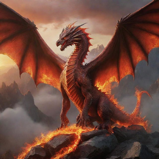 A powerful fire dragon with sharp scales, immense wings and fiery breath amidst a mystical landscape