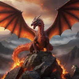 A powerful fire dragon with sharp scales, immense wings and fiery breath amidst a mystical landscape