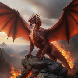 A powerful fire dragon with sharp scales, immense wings and fiery breath amidst a mystical landscape