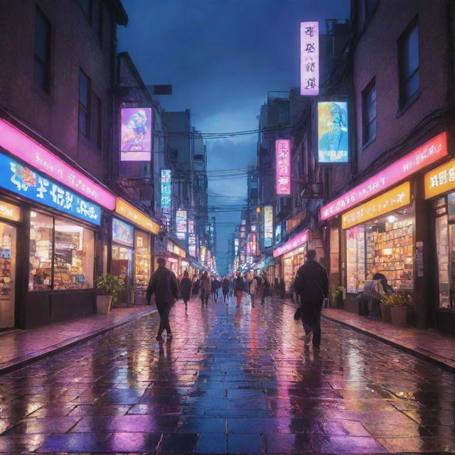 Vibrant and lively scene in an anime style, featuring a bustling cityscape at dusk with glowing neon lights reflecting in wet cobblestone streets.