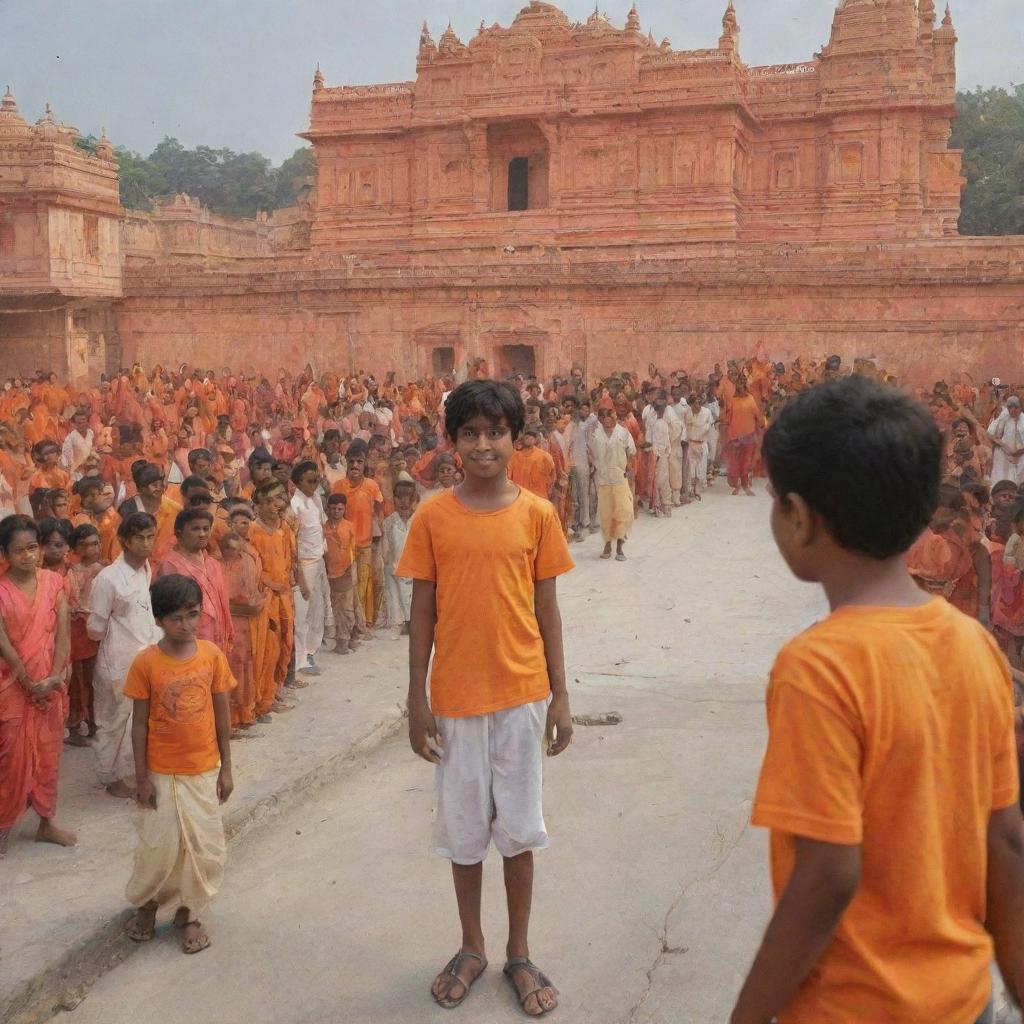 Illustrate Lord Ram returning to the Ram Mandir in Ayodhya, while a boy named Pankaj, wearing a saffron-colored t-shirt, observes the scene.