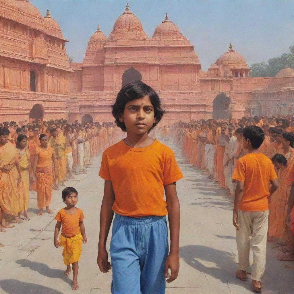 Illustrate Lord Ram returning to the Ram Mandir in Ayodhya, while a boy named Pankaj, wearing a saffron-colored t-shirt, observes the scene.