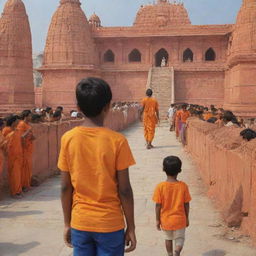 Illustrate Lord Ram returning to the Ram Mandir in Ayodhya, while a boy named Pankaj, wearing a saffron-colored t-shirt, observes the scene.