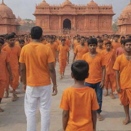 Illustrate Lord Ram returning to the Ram Mandir in Ayodhya, while a boy named Pankaj, wearing a saffron-colored t-shirt, observes the scene.