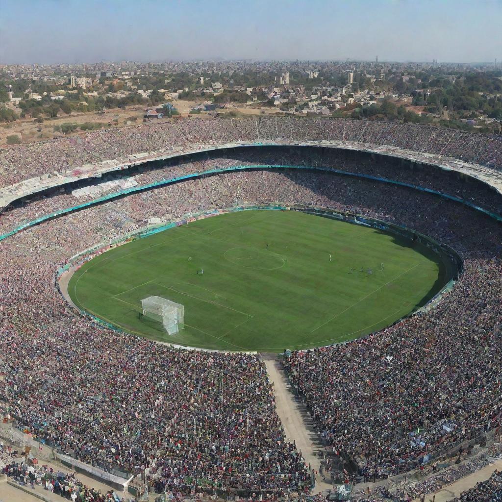 A grand, vibrant Pakistan national football stadium teeming with enthusiastic fans, set against a stunning, clear blue sky backdrop