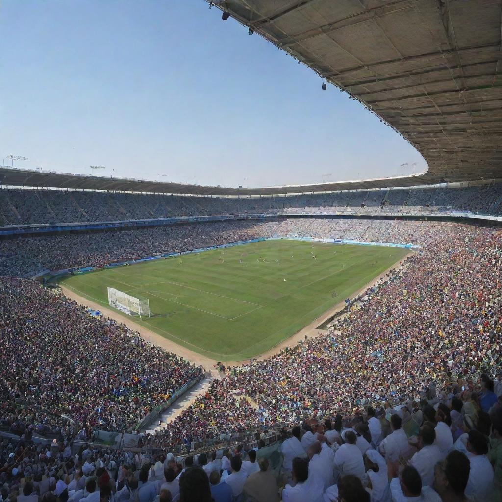 A grand, vibrant Pakistan national football stadium teeming with enthusiastic fans, set against a stunning, clear blue sky backdrop