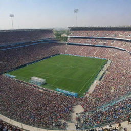 A grand, vibrant Pakistan national football stadium teeming with enthusiastic fans, set against a stunning, clear blue sky backdrop