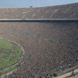 A grand, vibrant Pakistan national football stadium teeming with enthusiastic fans, set against a stunning, clear blue sky backdrop