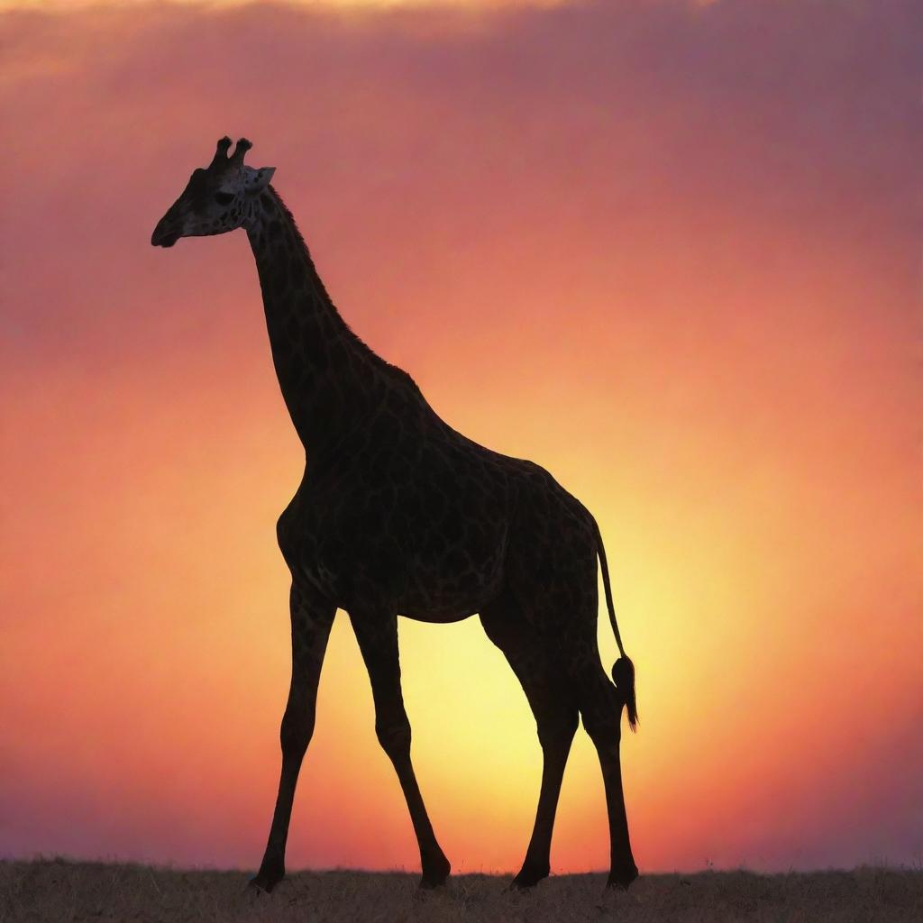 Generate an image of a majestic, black giraffe standing tall against a vibrant sunset background.