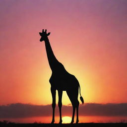 Generate an image of a majestic, black giraffe standing tall against a vibrant sunset background.