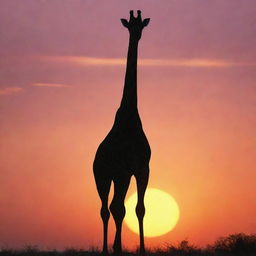 Generate an image of a majestic, black giraffe standing tall against a vibrant sunset background.