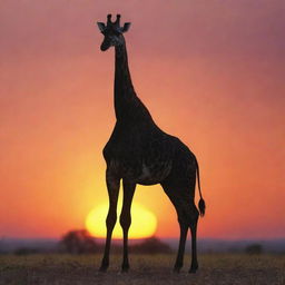 Generate an image of a majestic, black giraffe standing tall against a vibrant sunset background.