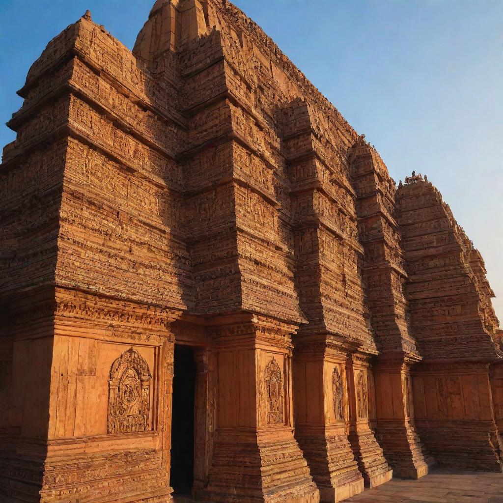 The majestic Ram Temple in Ayodhya during sunset, striking gold hues contrasting the blue sky, intricate architectural details evident in the grand structure.