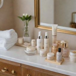 An assortment of luxurious skincare products displayed elegantly on a stylish vanity table.