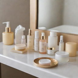 An assortment of luxurious skincare products displayed elegantly on a stylish vanity table.