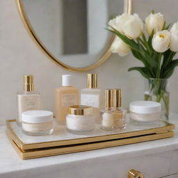 An assortment of luxurious skincare products displayed elegantly on a stylish vanity table.