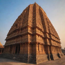 The majestic Ram Temple in Ayodhya during sunset, striking gold hues contrasting the blue sky, intricate architectural details evident in the grand structure.