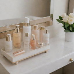 An assortment of luxurious skincare products displayed elegantly on a stylish vanity table.