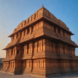 The majestic Ram Temple in Ayodhya during sunset, striking gold hues contrasting the blue sky, intricate architectural details evident in the grand structure.