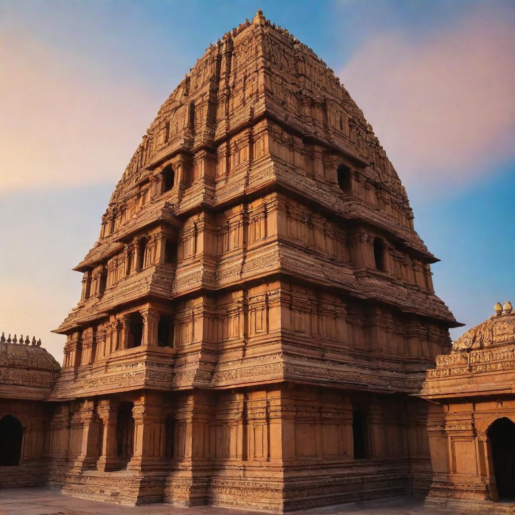 The majestic Ram Temple in Ayodhya during sunset, striking gold hues contrasting the blue sky, intricate architectural details evident in the grand structure.