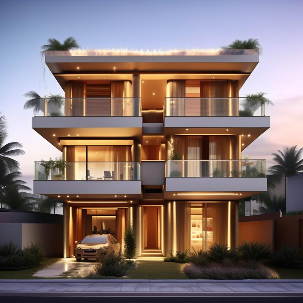 Design an exterior for a new home with 3 levels, each 1200 sq ft, with identical ground and first floors. Include a 600 sq ft balcony on each floor. The top floor should feature a unique double-height penthouse, maintaining an 1800 sq ft total build-up area.