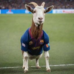 Lionel Messi's face being superimposed on the body of a majestic, well-built goat. The goat stands on a football pitch, with Messi's jersey adorning its body.