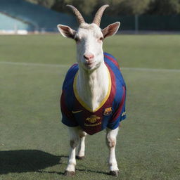 Lionel Messi's face being superimposed on the body of a majestic, well-built goat. The goat stands on a football pitch, with Messi's jersey adorning its body.