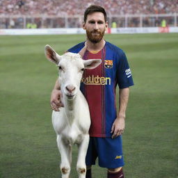 Lionel Messi's face being superimposed on the body of a majestic, well-built goat. The goat stands on a football pitch, with Messi's jersey adorning its body.