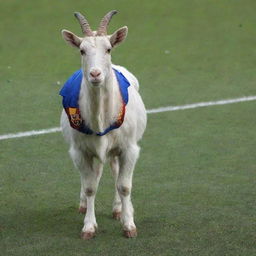 Lionel Messi's face being superimposed on the body of a majestic, well-built goat. The goat stands on a football pitch, with Messi's jersey adorning its body.