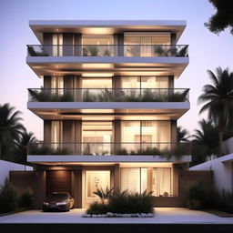 Design an exterior for a new home with 3 levels, each 1200 sq ft, with identical ground and first floors. Include a 600 sq ft balcony on each floor. The top floor should feature a unique double-height penthouse, maintaining an 1800 sq ft total build-up area.