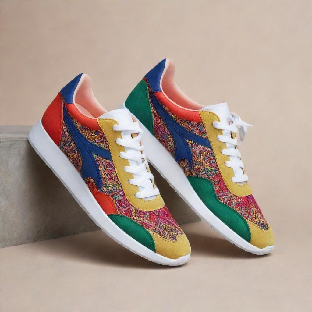 A new and stylish pair of sneakers with vibrant colors and intricate detailing