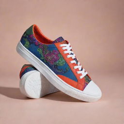 A new and stylish pair of sneakers with vibrant colors and intricate detailing