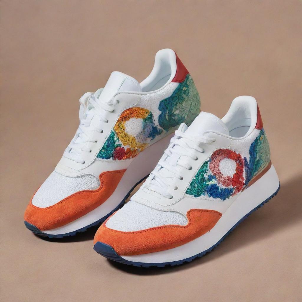 A new and stylish pair of sneakers with vibrant colors and intricate detailing