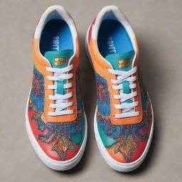 A new and stylish pair of sneakers with vibrant colors and intricate detailing