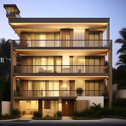 Design an exterior for a new home with 3 levels, each 1200 sq ft, with identical ground and first floors. Include a 600 sq ft balcony on each floor. The top floor should feature a unique double-height penthouse, maintaining an 1800 sq ft total build-up area.