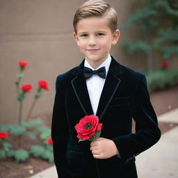 A young boy impeccably dressed for his school farewell. He wears a black shirt, black velvet blazer, black pants, and gleaming black formal shoes. In his pocket, a vibrant red artificial flower provides a splash of color. His wrist is adorned with a stylish black watch.