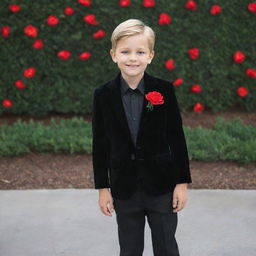 A young boy impeccably dressed for his school farewell. He wears a black shirt, black velvet blazer, black pants, and gleaming black formal shoes. In his pocket, a vibrant red artificial flower provides a splash of color. His wrist is adorned with a stylish black watch.