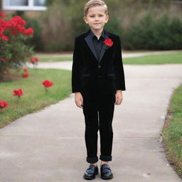 A young boy impeccably dressed for his school farewell. He wears a black shirt, black velvet blazer, black pants, and gleaming black formal shoes. In his pocket, a vibrant red artificial flower provides a splash of color. His wrist is adorned with a stylish black watch.