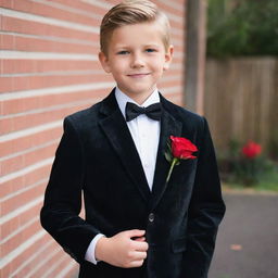 A young boy impeccably dressed for his school farewell. He wears a black shirt, black velvet blazer, black pants, and gleaming black formal shoes. In his pocket, a vibrant red artificial flower provides a splash of color. His wrist is adorned with a stylish black watch.