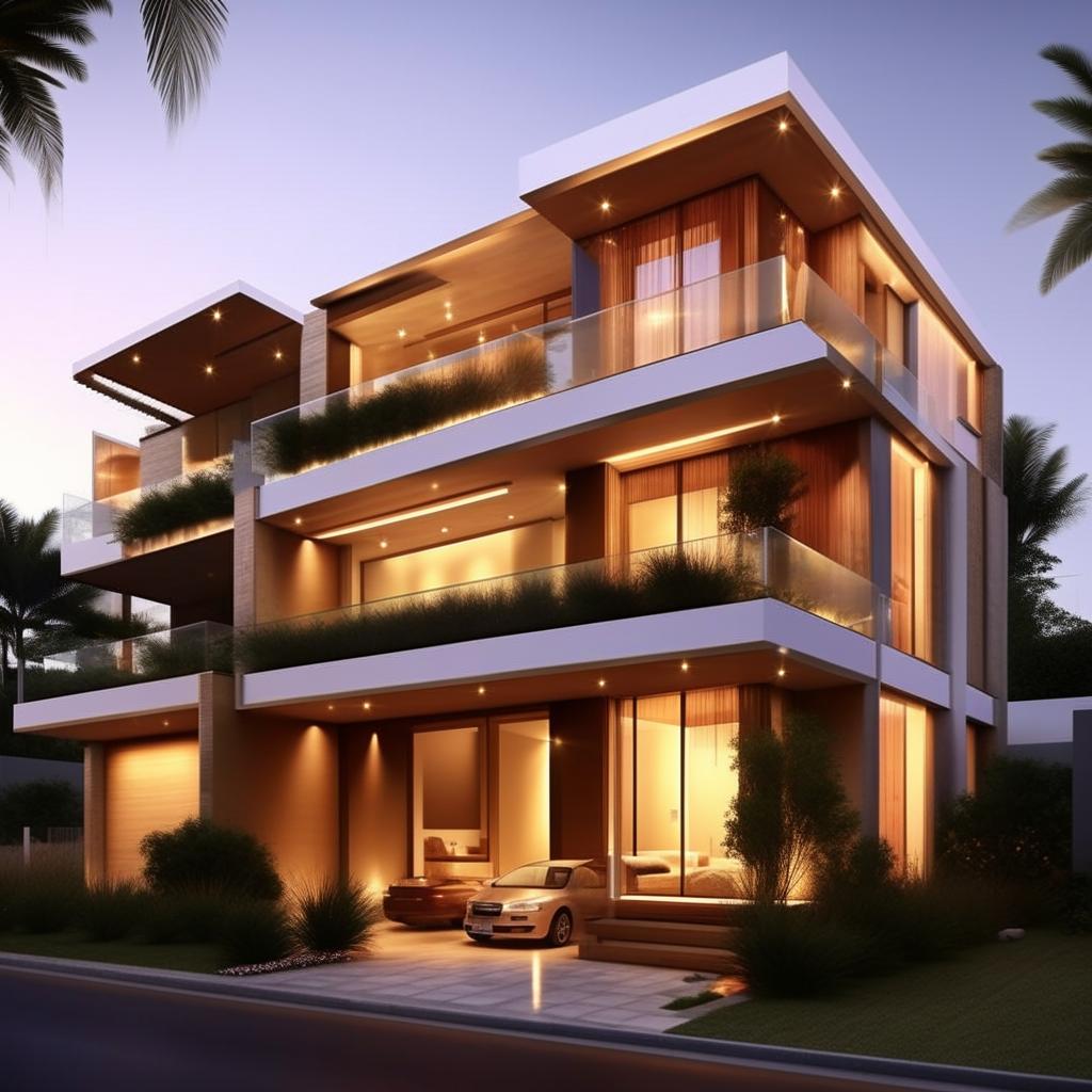 Design an exterior for a new home with 3 levels, each 1200 sq ft, with identical ground and first floors. Include a 600 sq ft balcony on each floor. The top floor should feature a unique double-height penthouse, maintaining an 1800 sq ft total build-up area.