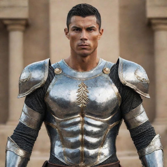 Cristiano Ronaldo depicted as a fierce warrior in a detailed armor, set against a powerful backdrop, with a warrior's sword in hand