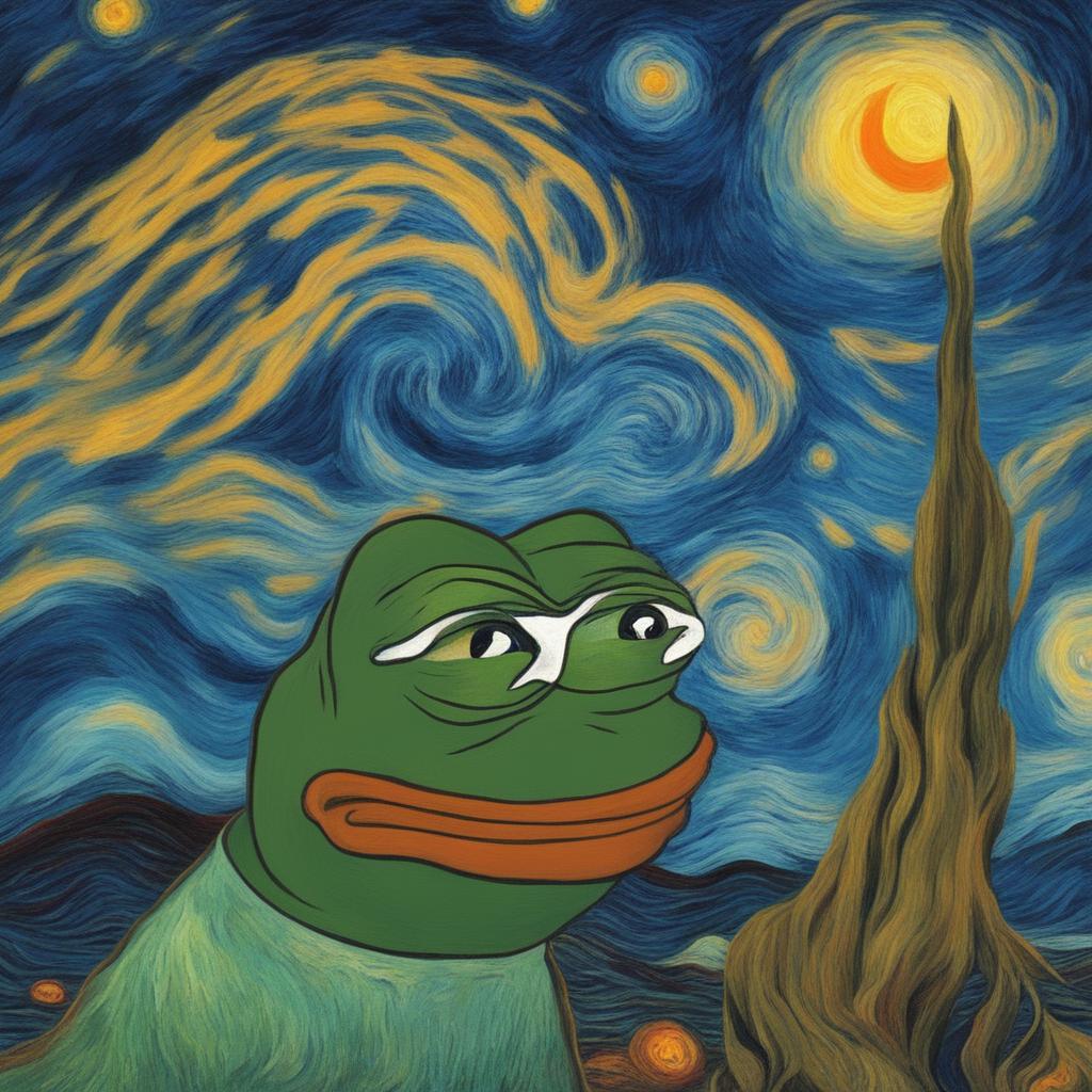 The image is a digital painting of Pepe the Frog in the style of Vincent van Gogh, complete with swirling brushstrokes and vibrant colors