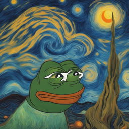 The image is a digital painting of Pepe the Frog in the style of Vincent van Gogh, complete with swirling brushstrokes and vibrant colors