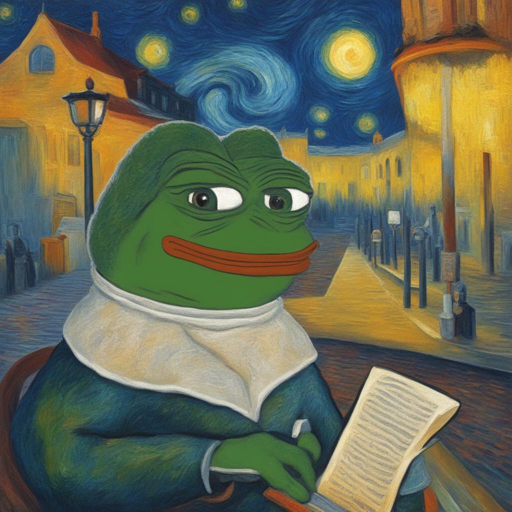 The image is a digital painting of Pepe the Frog in the style of Vincent van Gogh, complete with swirling brushstrokes and vibrant colors