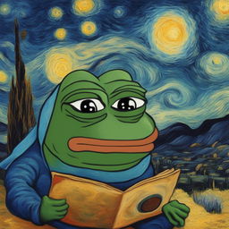 The image is a digital painting of Pepe the Frog in the style of Vincent van Gogh, complete with swirling brushstrokes and vibrant colors