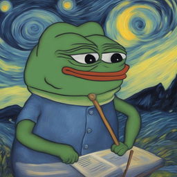 The image is a digital painting of Pepe the Frog in the style of Vincent van Gogh, complete with swirling brushstrokes and vibrant colors