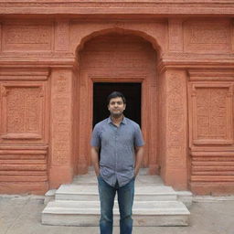 A man named Ankit standing in front of the beautifully detailed Ram Mandir.