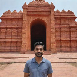 A man named Ankit standing in front of the beautifully detailed Ram Mandir.
