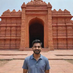 A man named Ankit standing in front of the beautifully detailed Ram Mandir.